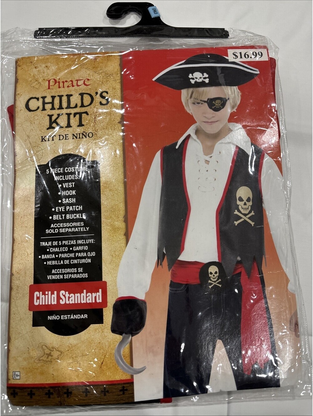 Pirate Halloween costume Boy Standard Up To Sz 10, Vest Hook Sash Eyepatch Belt